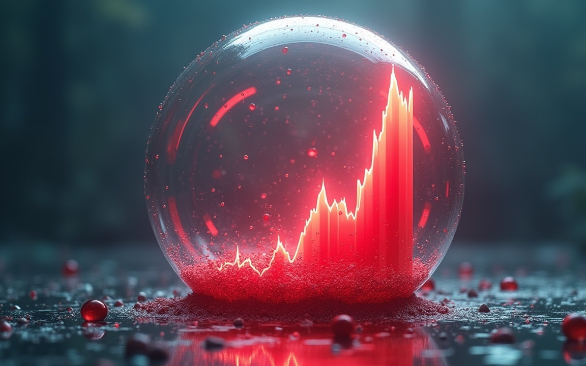 A glowing red stock chart trapped inside a transparent bubble, symbolizing the fragile rise of the AI investment boom.